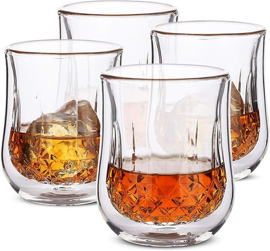 BTaT- Double Walled Drinking Glass, 4 Pack, 8 oz, Stylish Insulated Rocks Glass for Hot and Cold Beverages, Whiskey, Bourbon, Vodka and Scotch