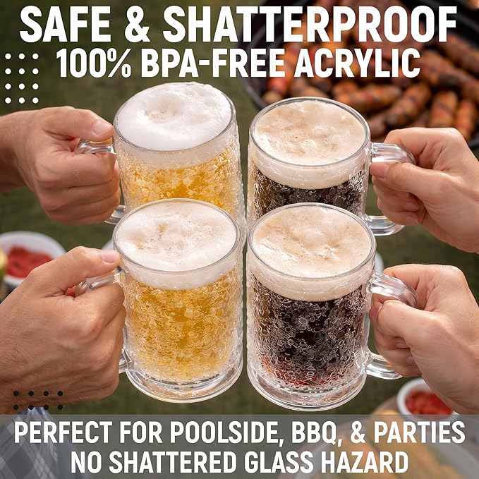 Freezer Beer Mugs Set of 4, 16 oz Double Wall Gel Mugs for Freezer, Acrylic Plastic Beer Stein with Handle, Ice Cold Glasses for Men, BBQ, & Pool Parties (Clear)