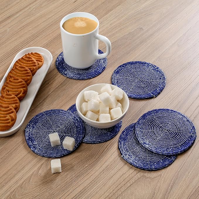 Handmade Beaded Wire Coaster Set of 6-4 Inch Round Coasters, Elegant Beautiful Stylish Decorative Drink Coaster Perfect for Home, Office, Christmas, & Everyday Use - Royal Blue