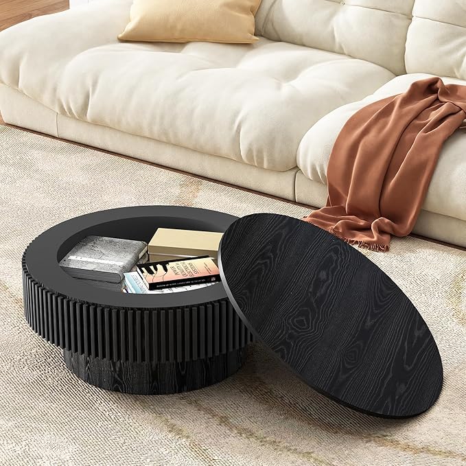SZTHHDF Round Coffee Table for Living Room,Fluted Drum Accent Tea Center Table with Storage,Circle Modern Coffee Tables for Small Space Office Apartment (31.5" L×31.5''W×14''H-Black)