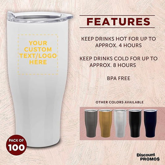 Custom Stainless Steel Grip Travel Mugs 27 oz. Set of 100, Personalized Bulk Pack - Perfect for Coffee, Soda, Other Hot & Cold Beverages - White