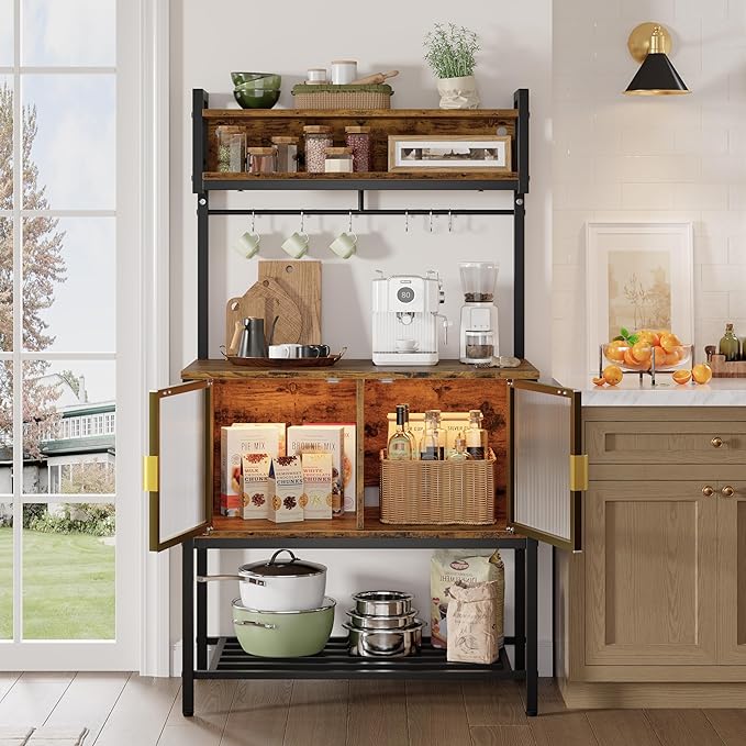 Bestier Coffee Bar with Storage, 5 Tier Microwave Stand with LED Lights, Kitchen Bakers Rack with Cabinet, Heavy Duty Storage Shelves for Kitchen Garage Pantry(Rustic Brown)