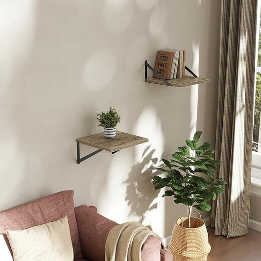 Deep Floating Shelves Wall Mounted, 12"x12" Gray Wall Shelves with Brackets Set of 2 for Bedroom, Living Room, Bathroom, Kitchen, Office - Storage & Display Shelf for Decor, Books, Plants