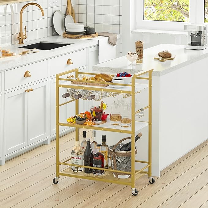 3 Tier Bar Cart Gold, Stylish Rolling Bar Cart, Gold Wine Cart with Wheels, Small Beverage cart, Metal Bar Carts Home, Liquor Cart with Glass Holders & Wine Rack for Kitchen Living Room GBC507G