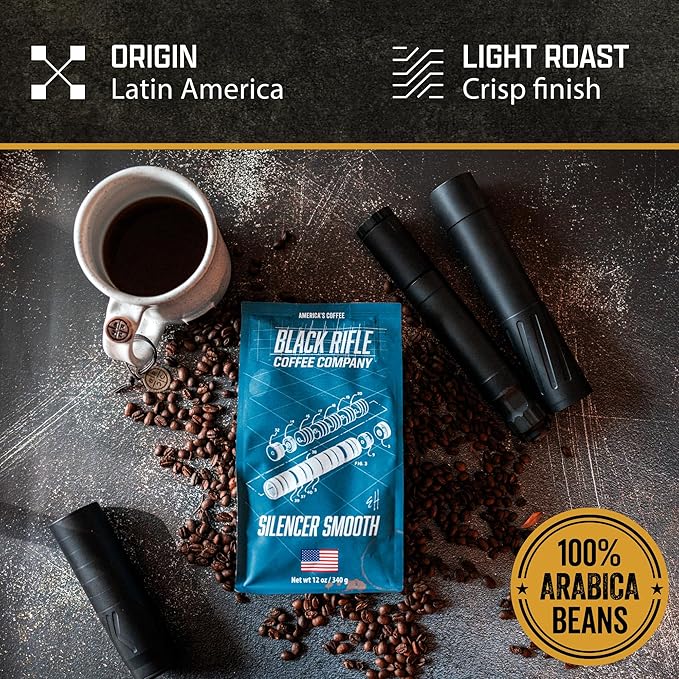Black Rifle Coffee Company Silencer Smooth, 12oz Bag, Whole Bean Light Roast - Roasted Blend Made from Arabica Beans - Colombian & Brazilian Beans - Veteran Founded & American Made