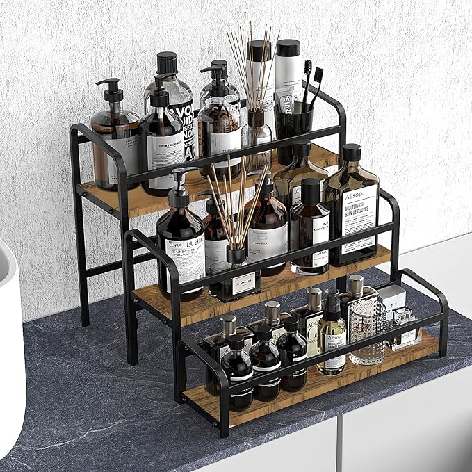 DTUQYX Coffee Syrup Organizer 3-Tier: Vintage Coffee Syrup Rack 12 Bottles Capacity, Free-Installation Coffee Station, Wine Rack for Countertop, Tiered Spice Racks for Cabinet, Bottle Display Shelf