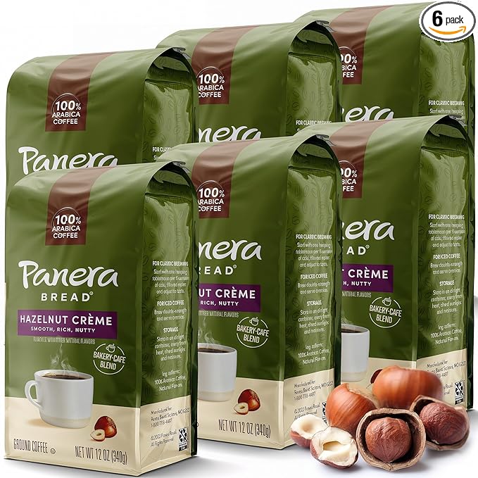 Panera Hazelnut Crème Ground Coffee - Light Roast 100% Arabica for Smooth Morning Brewing - Restaurant-Quality Flavored Coffee, Kosher Certified, 12oz Bag Pack of 6 (72 oz Total)