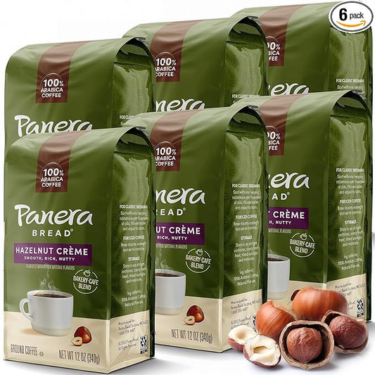 Panera Hazelnut Crème Ground Coffee - Light Roast 100% Arabica for Smooth Morning Brewing - Restaurant-Quality Flavored Coffee, Kosher Certified, 12oz Bag Pack of 6 (72 oz Total)