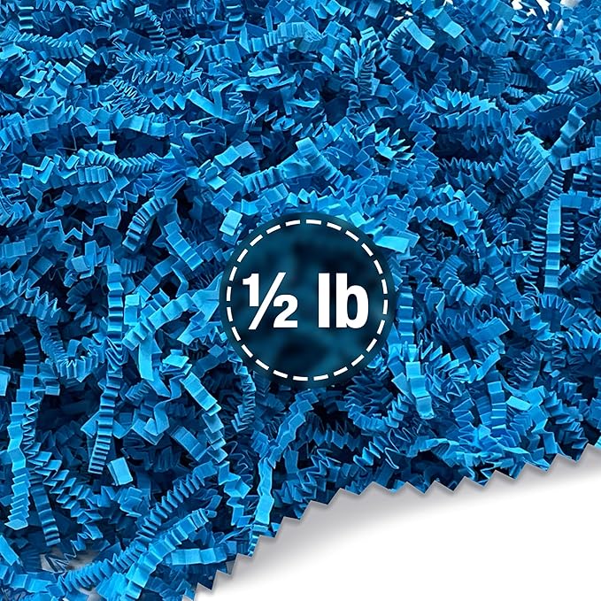 FRILLZ Crinkle Cut Paper Shred Filler for Baskets, Gifts, Packing and Protecting your Birthday, Weddings, Anniversary, Valentines Day, and other gifts (1/2 pound, Blue)