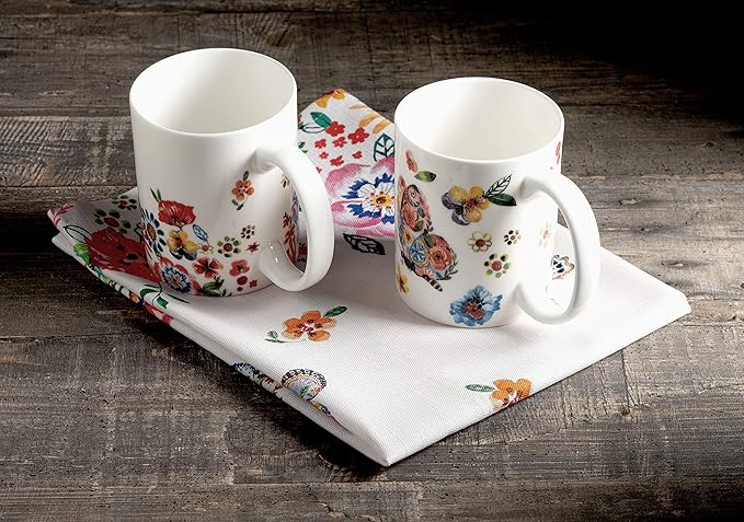 Maison d' Hermine Coffee Mug with Handles Fine Bone China Mugs Pack of Two Tea Cups for Hot Beverages Cappuccino Latte Home Restaurant Office Perfect for Gift (Happy Florals - High Summer, 15 Ounce)