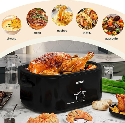 26 Quart Electric Roaster Oven with Visible & Self-Basting Lid, Large Turkey Roaster with Defrost Warm Function, Adjustable Temperature, Removable Pan Rack, Stainless Steel, Black