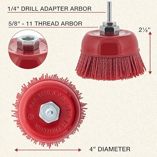 Dura-Gold 4" Abrasive Filament Nylon Bristle Cup Brush - 5/8" 11 Thread, 1/4" Hex Drill Shank Arbor, Coarse Grit Angle Grinder Brush for Truck Bed Liner Surface Prep, Sanding, Rust & Paint Removal