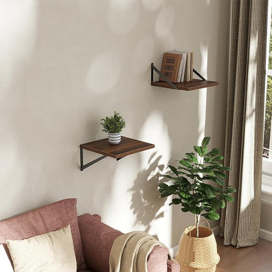 Deep Floating Shelves Wall Mounted, 12"x12" Walnut Wall Shelves with Brackets Set of 2 for Bedroom, Living Room, Bathroom, Kitchen, Office - Storage & Display Shelf for Decor, Books, Plants