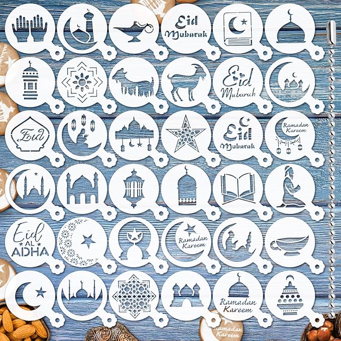 JULBEAR 36 Pieces Reusable Eid Mubarak Cookie Cake Stencils, Ramadan Stencil Templates Mold Tools for Cookies Coffee DIY Eid Mubarak Holiday Baking Painting Dessert Craft Decoration