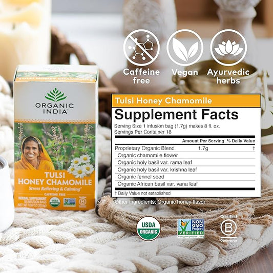 Organic India Tulsi Honey Chamomile Herbal Tea - Holy Basil, Stress Relieving & Calming, Immune Support, Adaptogen, Vegan, USDA Certified Organic, Caffeine-Free - 18 Infusion Bags, 6 Pack