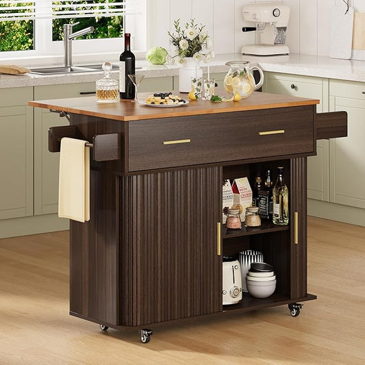 DHH Rolling Kitchen Island with Drop Leaf Countertop&Ample Storage - 39.4" Small Mobile Kitchen Cart On Wheels with Sliding Door,Drawers,Spice Rack & 2-Tier Storage (Coffee)
