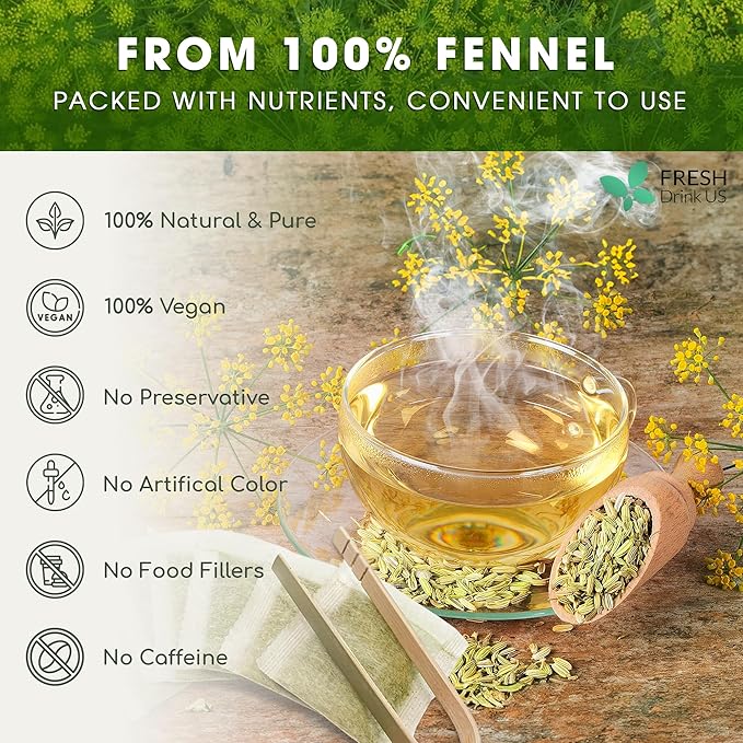FreshDrinkUS, Premium 135 Fennel Tea Bags, 100% Natural & Pure from Fennel Seeds. Made with Natural Material Tea Bags. No Sugar, No Caffeine, No Gluten, Vegan.