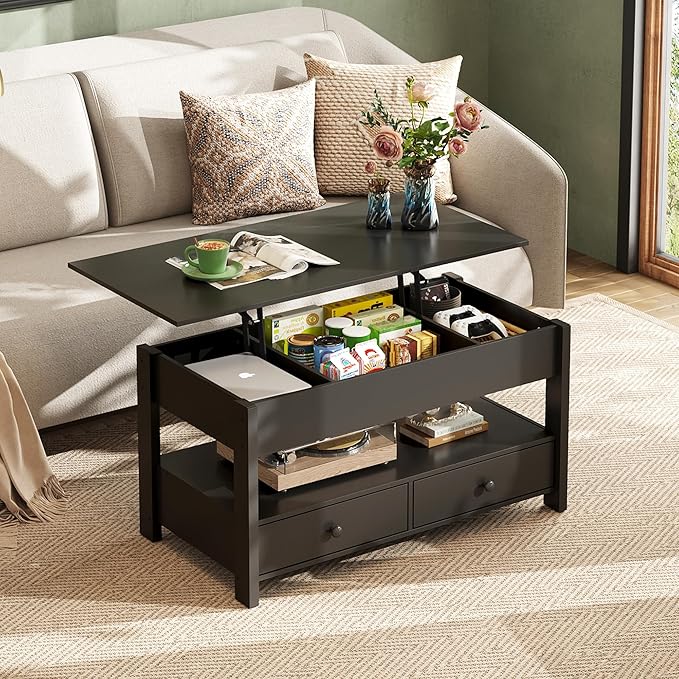 WLIVE Coffee Table, Lift Top Coffee Table with 2 Drawers, Large Storage and Open Shelf, Lift Tabletop for Living Room, Black