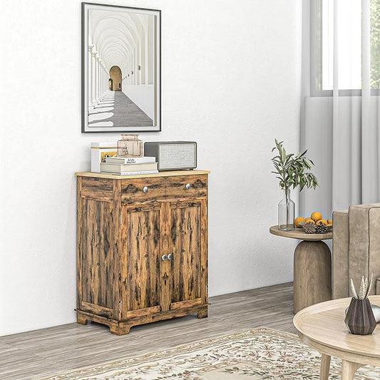 HOMCOM Sideboard with Solid Wood Countertop, Modern Kitchen Storage Cabinet, Coffee Bar Cabinet with 2 Drawers, Doors and Adjustable Shelf, Rustic Brown