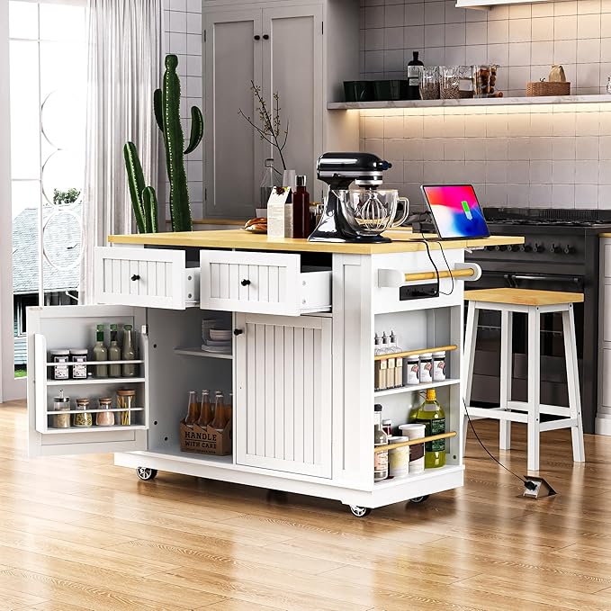 Rolling Kitchen Island with 2 Bar Stools, Drop Leaf & Power Outlet, Large Kitchen Islands Cart on Wheels, Movable Kitchen Island with 5 Open Shelves & Towel Rack for Kitchen, Dining Room, 48″, White