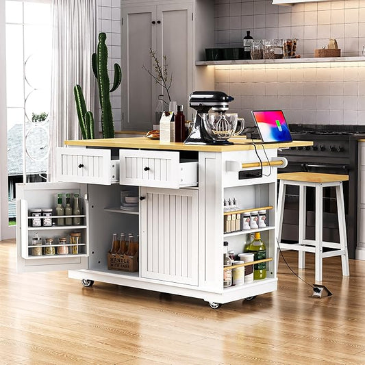 Rolling Kitchen Island with 2 Bar Stools, Drop Leaf & Power Outlet, Large Kitchen Islands Cart on Wheels, Movable Kitchen Island with 5 Open Shelves & Towel Rack for Kitchen, Dining Room, 48″, White