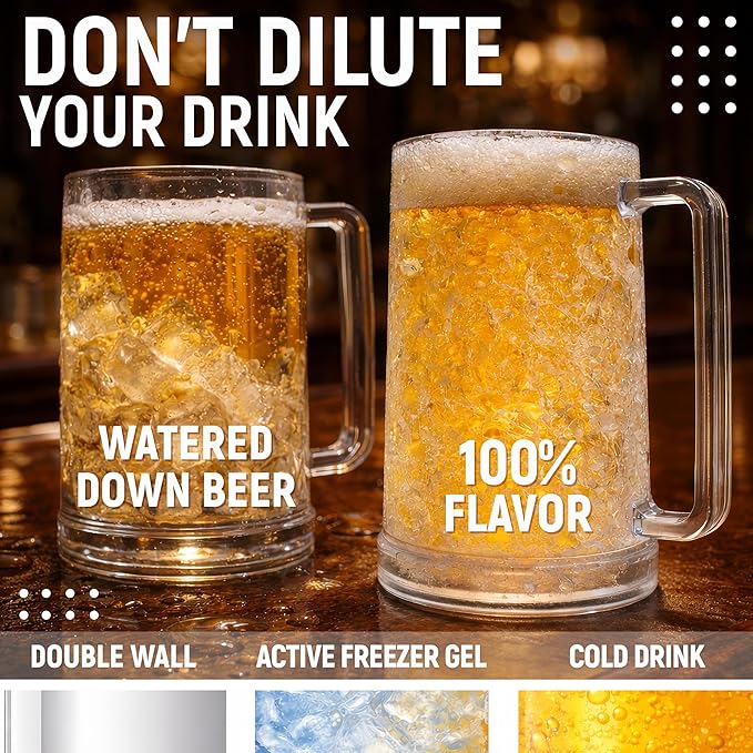 Frozen Beer Mugs (Set of 2), 16oz Double Wall Gel Freezer Cups with Handle, Acrylic Frosty Ice Stein for Cold Drinks, Break-Resistant Insulated Beer Mug for Dad, Men, Pool Parties & BBQ