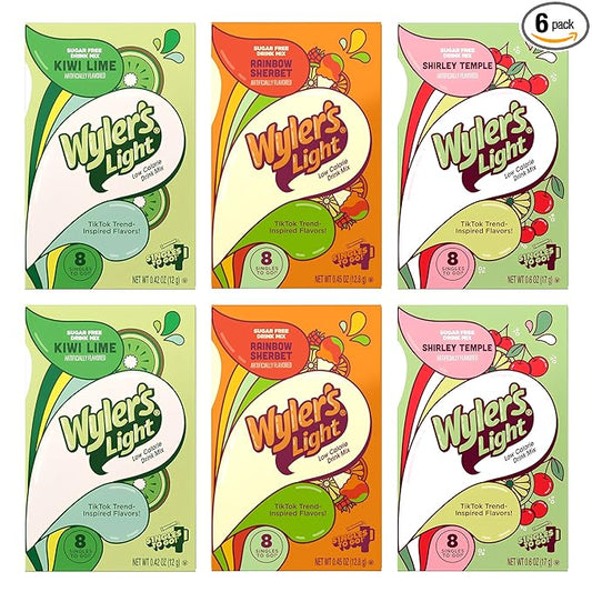 Wyler’s Light Water Flavoring Packets – Tropical Variety 6 Pack, 2 of Each Flavor – Kiwi Lime, Shirley Temple, Rainbow Sherbet – Sugar Free Singles To Go Drink Mix Packets – Flavored Water Enhancers