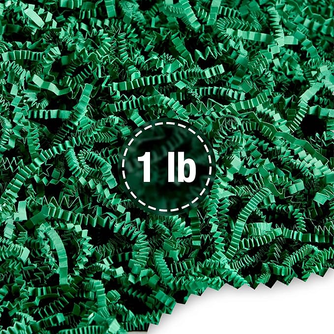 FRILLZ Crinkle Cut Paper Shred Filler for Baskets, Gifts, Packing and Protecting your Easter, Birthday, Weddings, Anniversary, Valentines Day, and other gifts (1 pound, Pine Green)