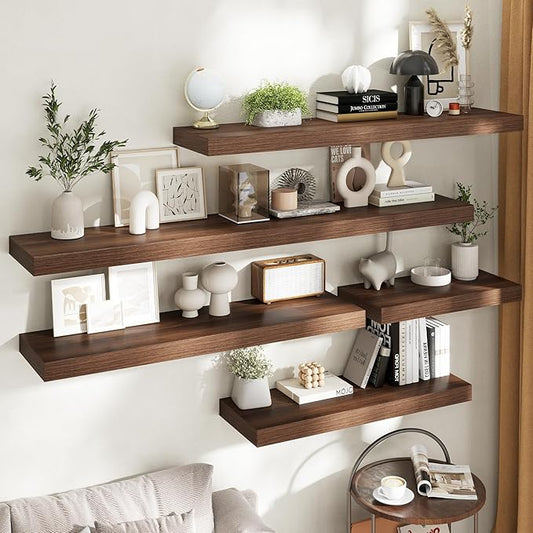 Marsmiles 12" Deep Floating Shelves for Wall with Invisible Brackets, Wall Mounted Engineered Wood Shelves with Wood Grain for Living Room, Bedroom, Kitchen Decor and Storage, 72" L Set of 1, Walnut