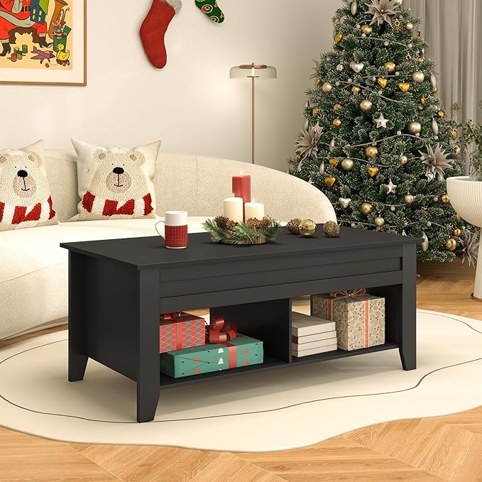 Yaheetech Black Coffee Table, Lift Top Coffee Tables with Hidden Storage Compartment & Open Shelf, Lift Tabletop Pop-Up for Living Room Reception, 47.5inch L
