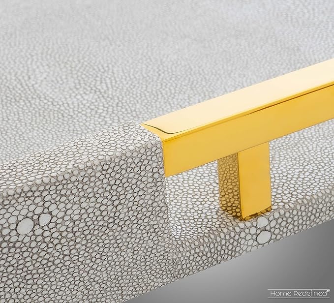 Modern Elegant 17.5"x12" Rectangle Glossy Grey Shagreen Faux Leather Decorative Tray Ottoman Coffee Table Perfume Kitchen Display Perfume Serving Tray with Gold Polished Metal Handles.