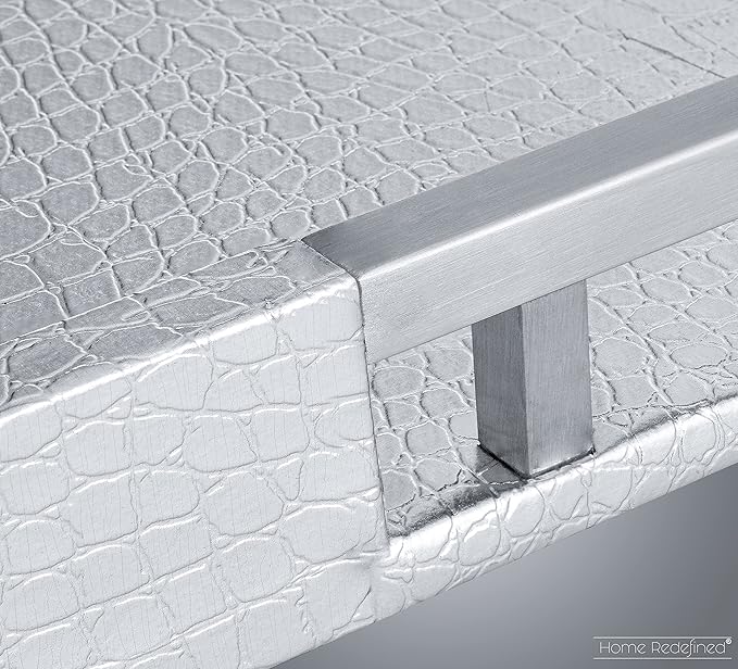 Modern Elegant 17.5"x12" Rectangle Glossy Silver Crocodile Faux Leather Tray Decorative Ottoman Coffee Table Display Perfume Dresser Kitchen Serving Tray with Silver Metal Handles by Home Redefined
