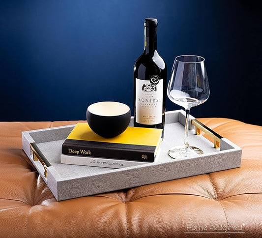 Modern Elegant 17.5"x12" Rectangle Glossy Grey Shagreen Faux Leather Decorative Tray Ottoman Coffee Table Perfume Kitchen Display Perfume Serving Tray with Gold Polished Metal Handles.
