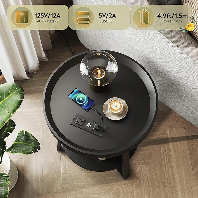 WLIVE Round End Table with Charging Station, Small Round Coffee Table, 2 Tier Side Table for Living Room/Bedroom, Sofa Couch, Wood Tabletop & Metal Frame, Black