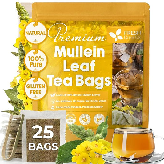 FreshDrinkUS, Premium 25 Mullein Leaf Tea For Lungs, Lung Detox For Smokers, Handmade, 100% Natural & Pure, Mullein Tea, No Sugar, No Caffeine, No Gluten, Vegan