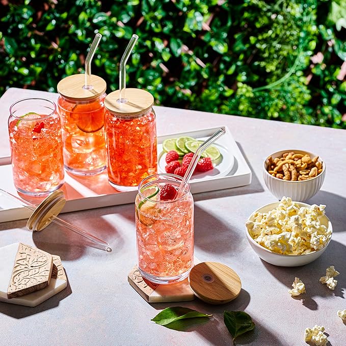 Set of 4 Can Shaped Drinking Glasses With Bamboo Lids & Straws - 16oz Clear Snifter Water Cups for Iced Coffee, Tea, Cocktails, Whiskey, Soda - Tumbler Cup