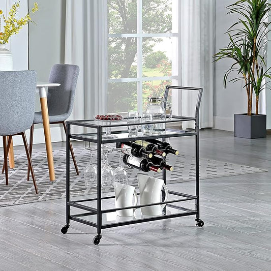 FirsTime & Co. Black Francesca Bar Cart, 2 Tier Mobile Mini Bar, Kitchen Serving Cart and Coffee Station with Storage for Wine and Glasses, Metal and Glass, Modern