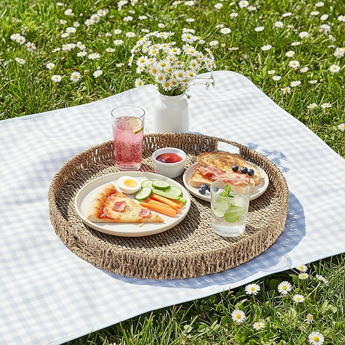 Round Ottoman Tray Large Wicker Serving Tray with Handles for Coffee Table, 16 Inch Handwoven Natural Seagrass Tray