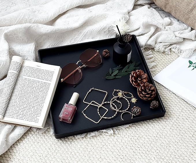 Black Square Tray 11 Inch - 3 Pack Organizer Decorative Tray for Bathroom Vanity, Coffee Table, Dresser & Kitchen Countertop - Black Catch-All Tray for Home Decor, Jewelry, Makeup & Snacks