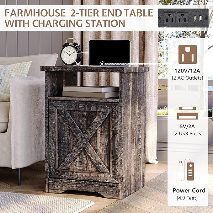 3-Piece Farmhouse Living Room Table Sets, Includes 1 x Coffee Table, 2 x End Tables with Charging Station & USB Ports, Rustic Coffee Table Set of 3, Black Oak