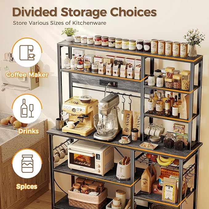 SUPERJARE Larger Bakers Rack with Power Outlets, 6-Tier Microwave Stand, Coffee Bar with 12 S-Shaped Hooks, Kitchen Shelf with Wire Basket, 47.2 x 15.5X 66.9 Inches, Grey