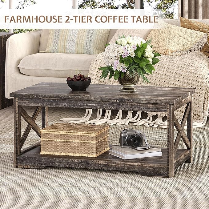 3-Piece Farmhouse Living Room Table Sets, Includes 1 x Coffee Table, 2 x End Tables with Charging Station & USB Ports, Rustic Coffee Table Set of 3, Black Oak