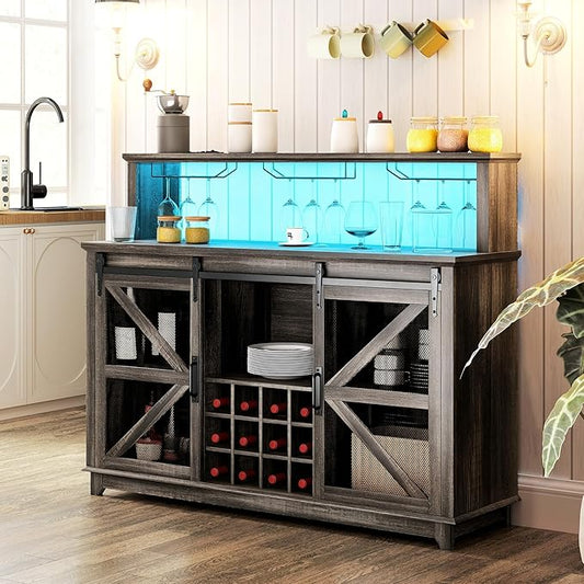 HOMCOM Farmhouse Coffee Bar Cabinet with Smart App Control LED Lights, 55" Wine Bar Cabinet with 12-Bottle Rack, Glass Holder, Kitchen Sideboard Buffet with Sliding Mesh Doors, Distressed Dark Brown