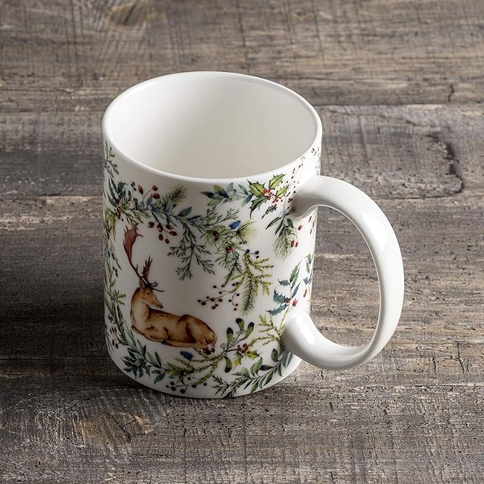 Maison d' Hermine Coffee Mug with Handles Fine Bone China Mugs Pack of One Tea Cups for Hot Beverages Cappuccino Latte Home Restaurant Office Perfect for Gift (Holly Time - Cerf, 12 Ounce)