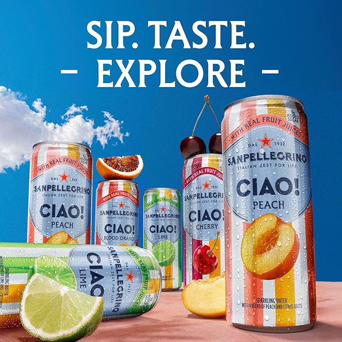 Sanpellegrino CIAO Lime Sparkling Water, Low-Calorie Italian Sparkling Water with Real Fruit Juices, 0g Added Sugar, 24-Pack