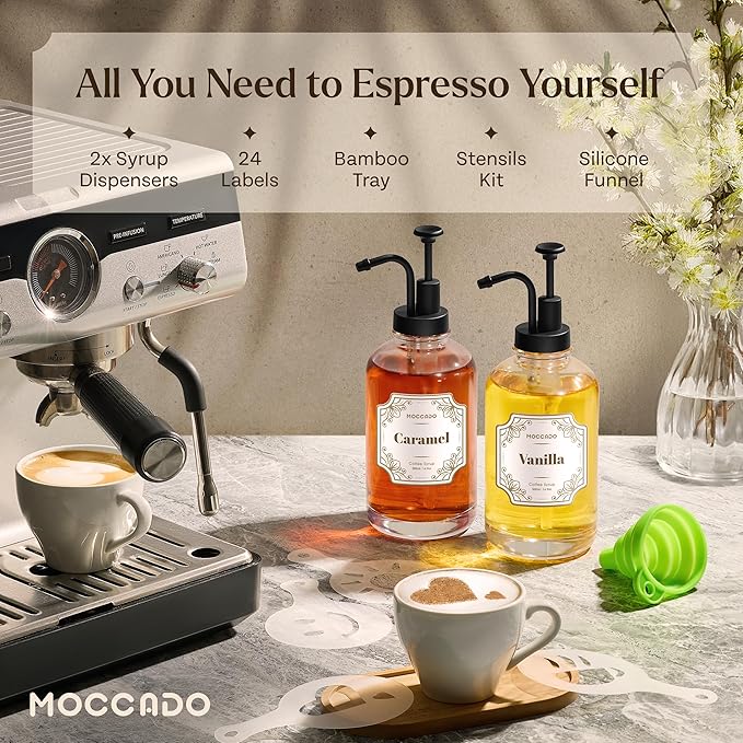 Glass Coffee Syrup Dispenser for Coffee Bar - Set of 2 Black 500 ml / 16.9 oz Glass Syrup Bottles, Includes Bamboo Tray, 16 Stencils, Labels, Coffee Bar Accessories