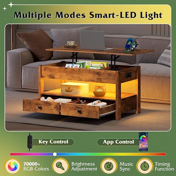 WLIVE Coffee Table, Lift Top Coffee Table with 2 Drawers, LED Light, Large Storage and Open Shelf, Lift Tabletop for Living Room, Black, Rustic Brown