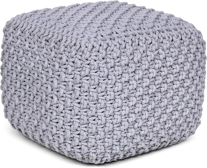 BIRDROCK HOME Square Pouf Ottoman | Cotton Braided Foot Stool with Bean Bag Filling | Boho Foot Rest for Living Room, Bedroom | Compact & Comfortable Seating, Lightweight & Sturdy | Grey