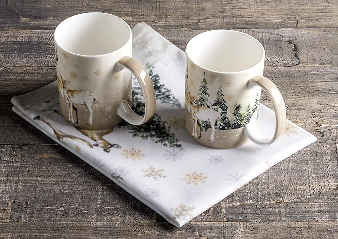 Maison d' Hermine Coffee Mug with Handles Fine Bone China Mugs Pack of Two Tea Cups for Hot Beverages Cappuccino Latte Home Restaurant Office Perfect for Gift (Deer In The Woods, 12 Ounce)