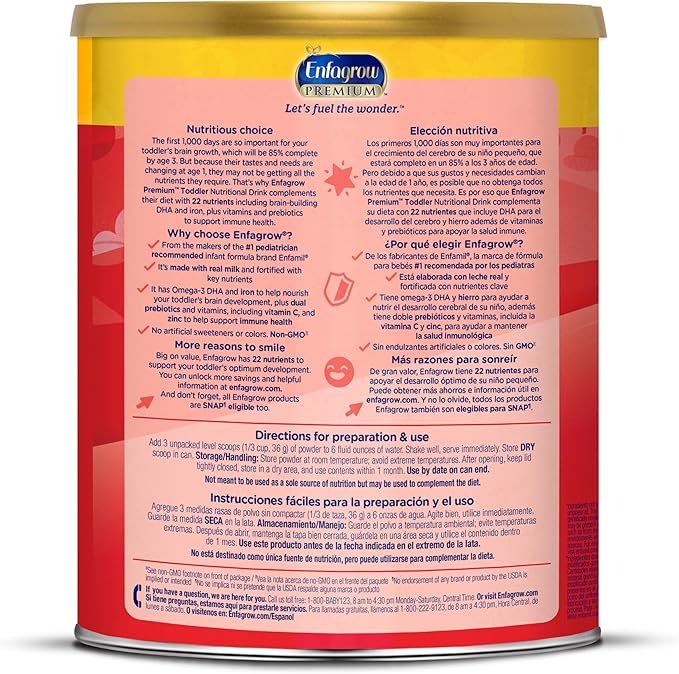 Enfagrow Premium Toddler Nutritional Drink, Made with Real Milk, Brain-Building Omega-3 DHA, Nutrients and Prebiotics for Growth & Immune Support, Non-GMO, Toddler Milk Powder, 32 Oz Can (Pack of 3)